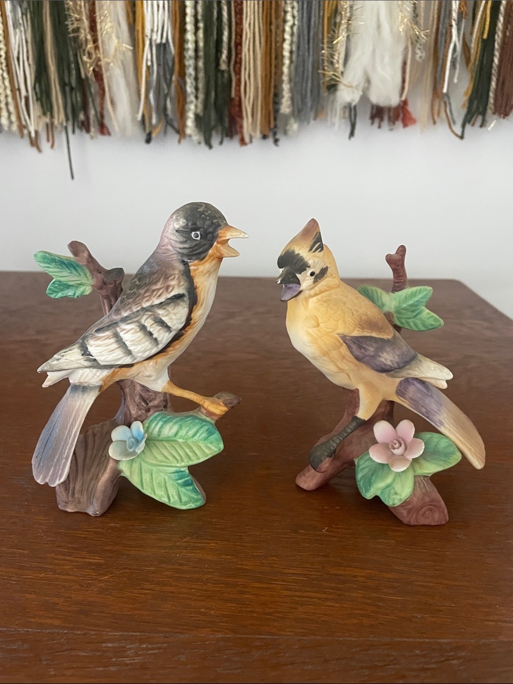 Hand-Painted Ceramic Bird Figurines, Yellow and Multicolor
